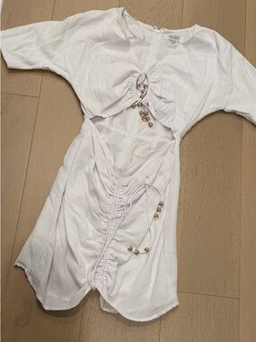 SABO White Ruched Cutout Dress with Gold Bead Details